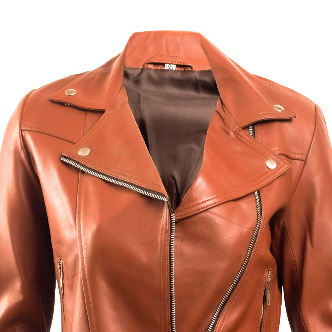 Women’s Tan Leather Biker Jacket - AU LeatherX