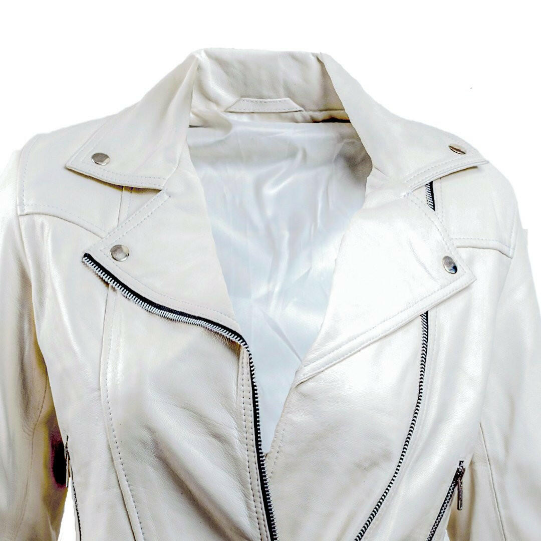 Women’s white Leather Biker Jacket - AU LeatherX