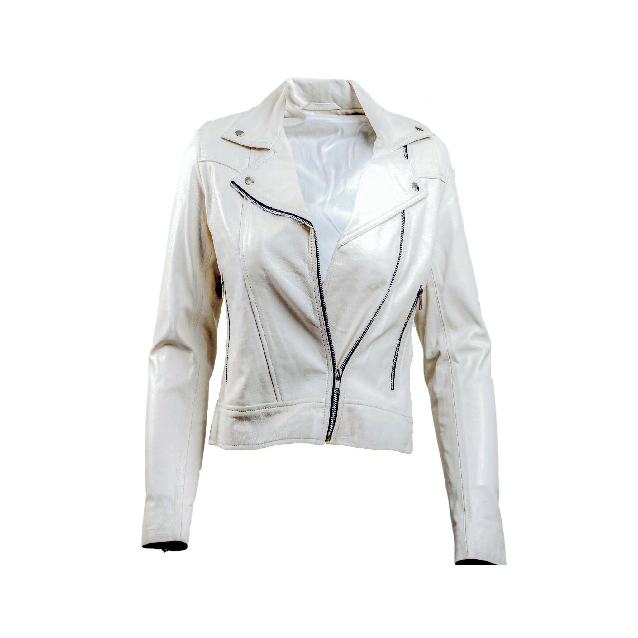 Women’s white Leather Biker Jacket - AU LeatherX