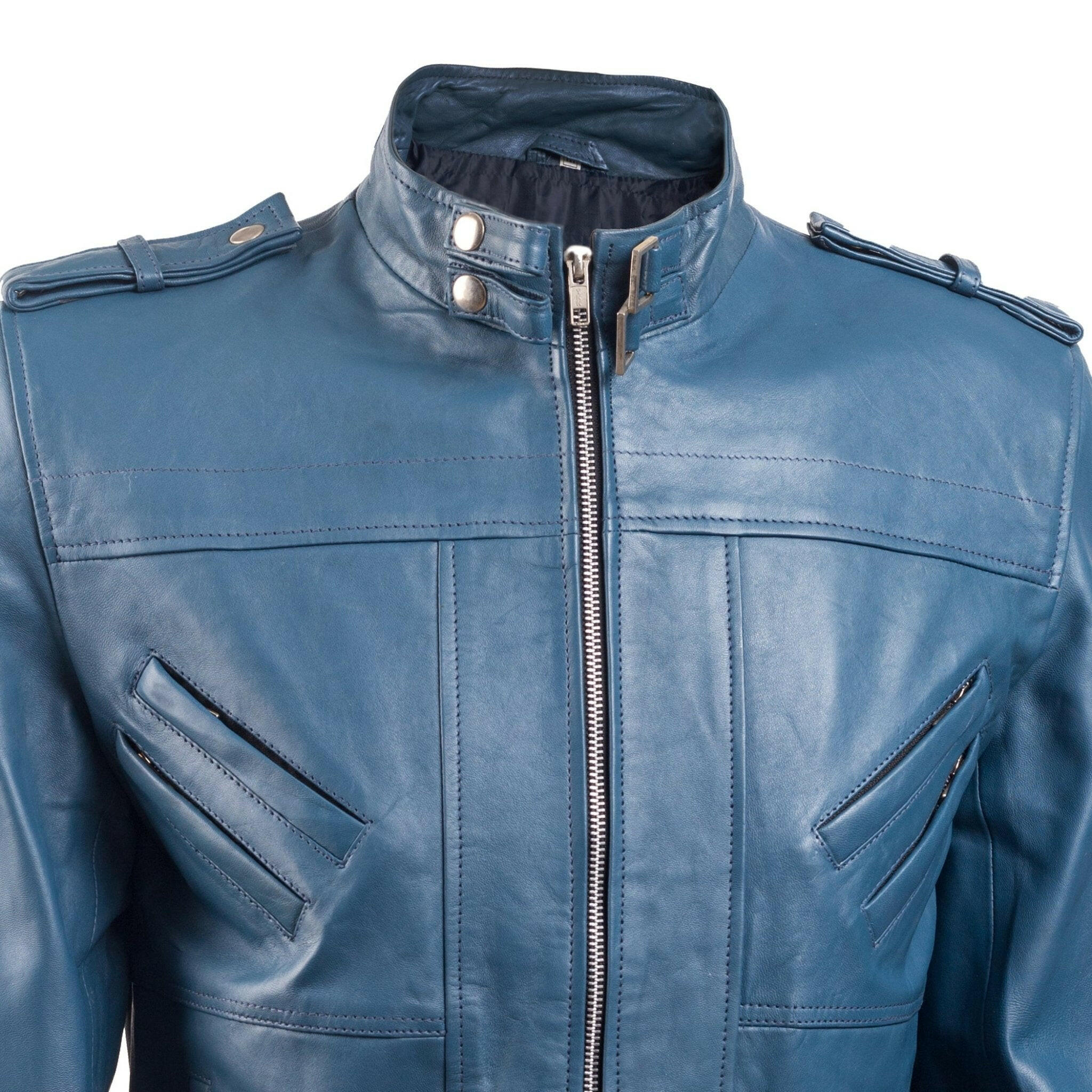Men’s Band Collar Blue Bomber Leather jacket - AU LeatherX