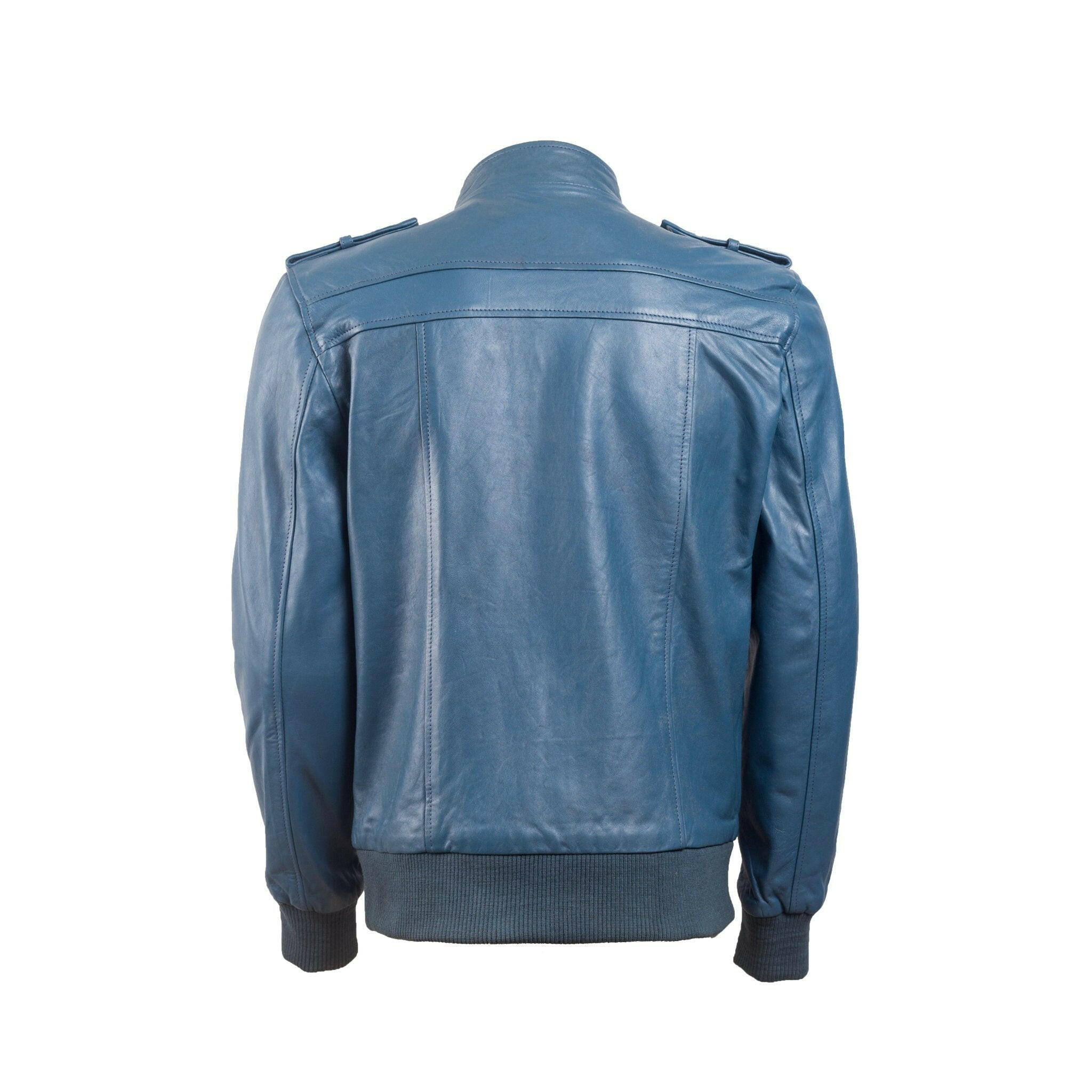 Men’s Band Collar Blue Bomber Leather jacket - AU LeatherX