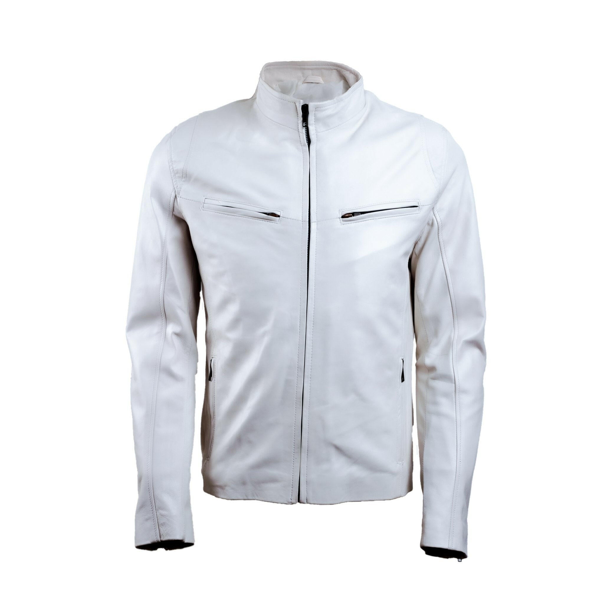 Men’s White Slim Fit Leather Jacket - AU LeatherX