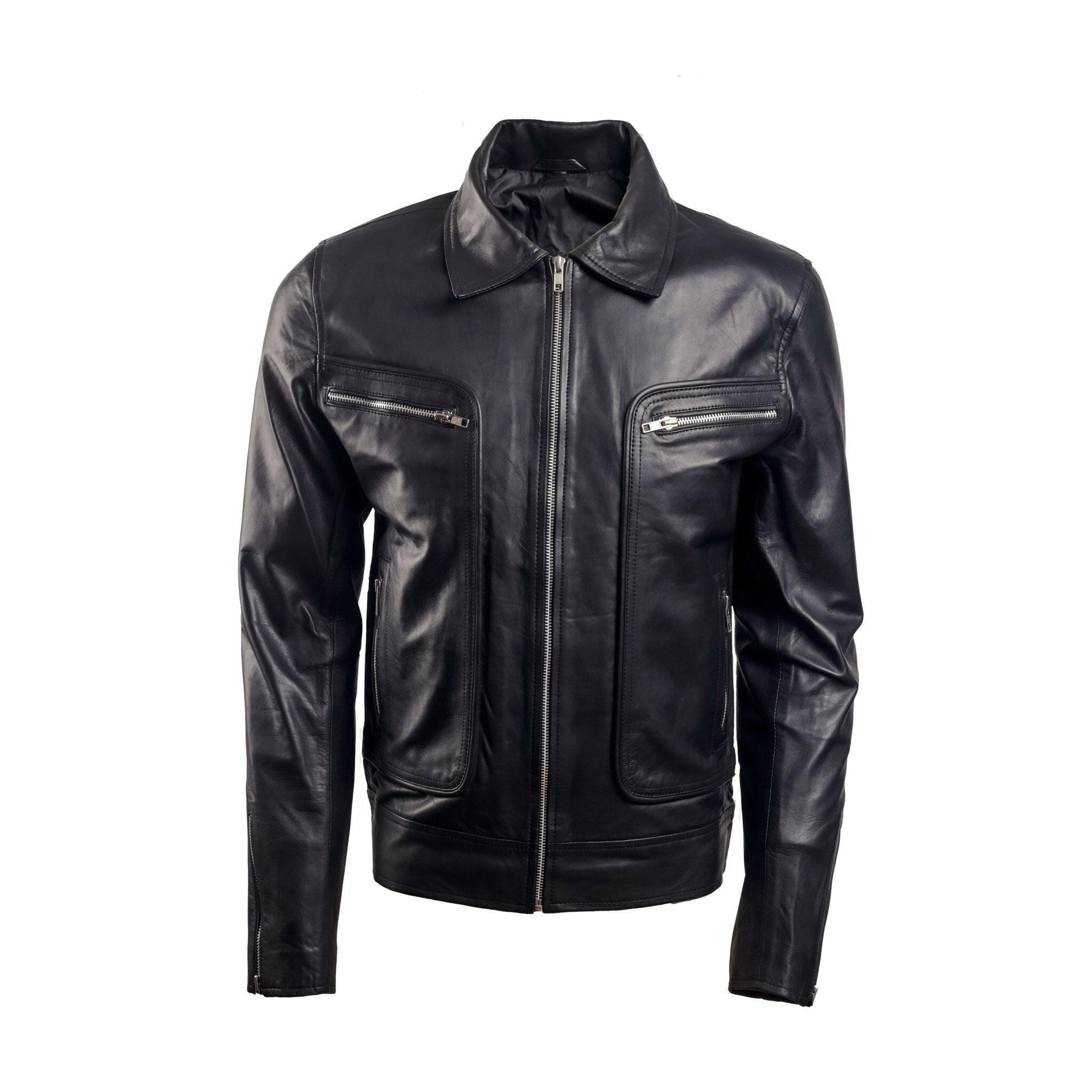 Men’s Shirt Collar Black Biker Leather Jacket - AU LeatherX