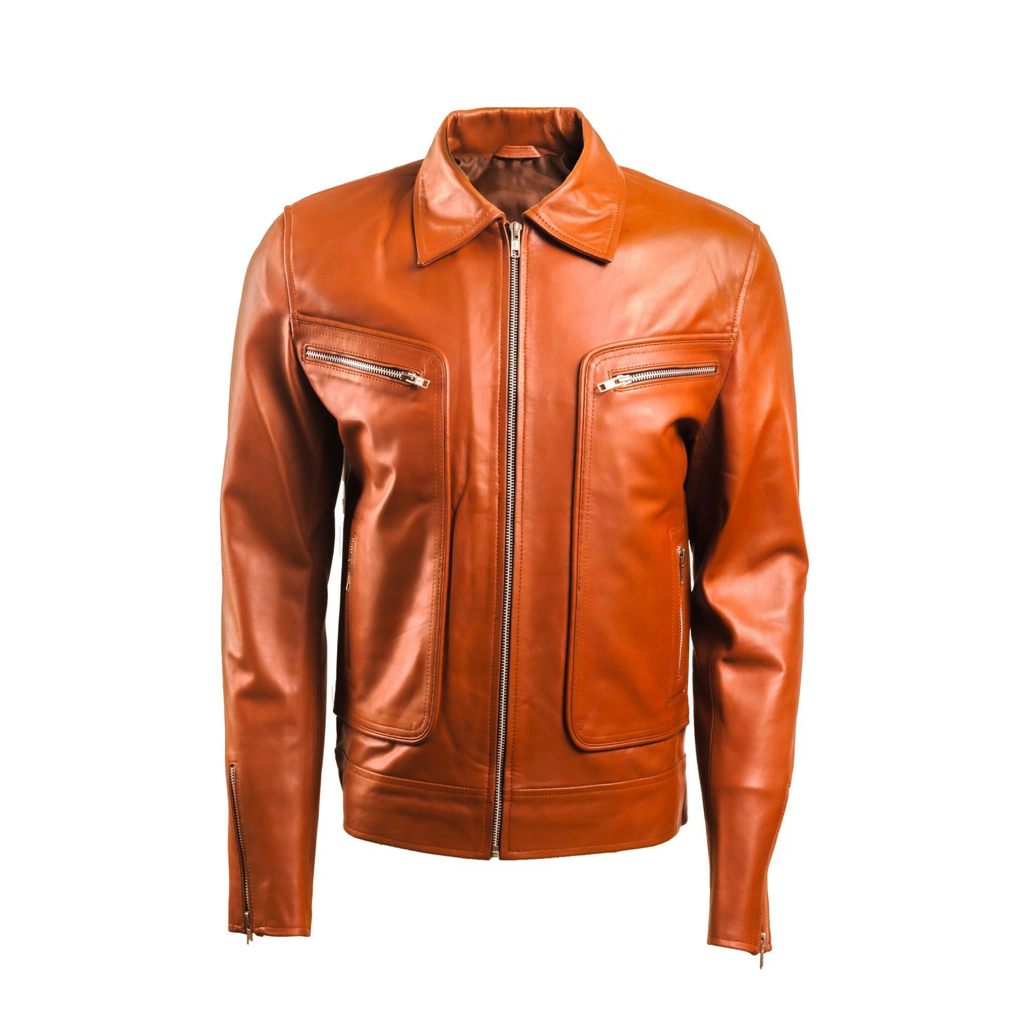 Men’s Brown Leather Jacket with Zip Pocket - AU LeatherX